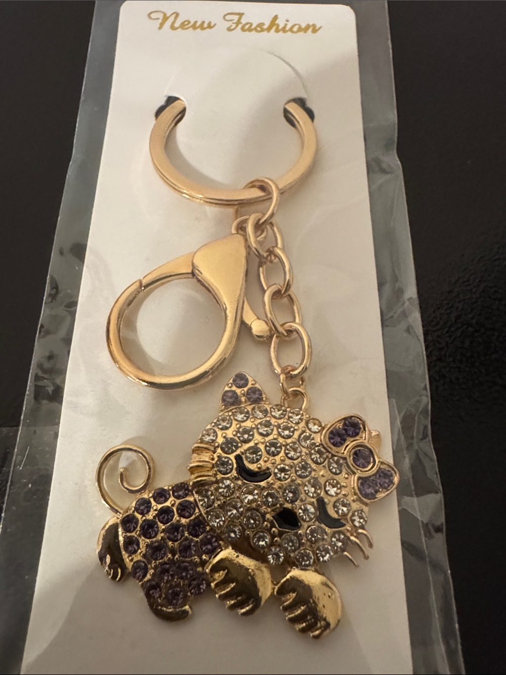 Gold-Tone Purple Crystal Cat Keychain/bag charm